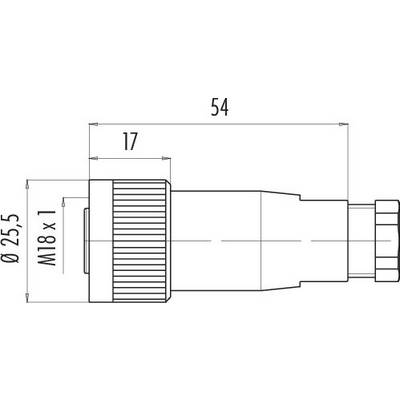 Technical drawing of a cylindrical connector with threads. Main dimensions: diameter 25.5 mm, length 54 mm, thread M18 x 1.