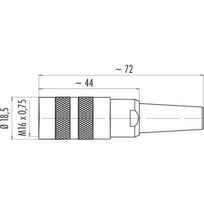 Technical drawing of a cylindrical connector. Dimensions: diameter 18.5 mm, length 72 mm, thread M16 x 0.75.