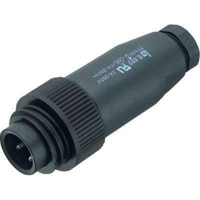 A black, cylindrical electrical plug with three metal pins and a ribbed threaded ring for secure connection.