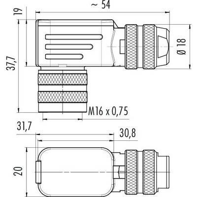 Technical drawing of a connector with dimensions: Length 54 mm, Diameter 18 mm, Thread M16 x 0.75. Key features and shape highlighted.