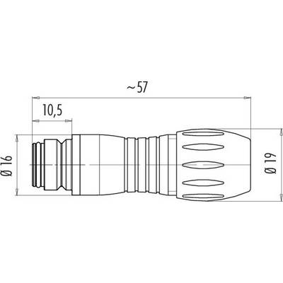 Technical drawing of a cylindrical adapter with dimensions: length approx. 57 mm, diameter 16 mm at the front and 19 mm at the rear.