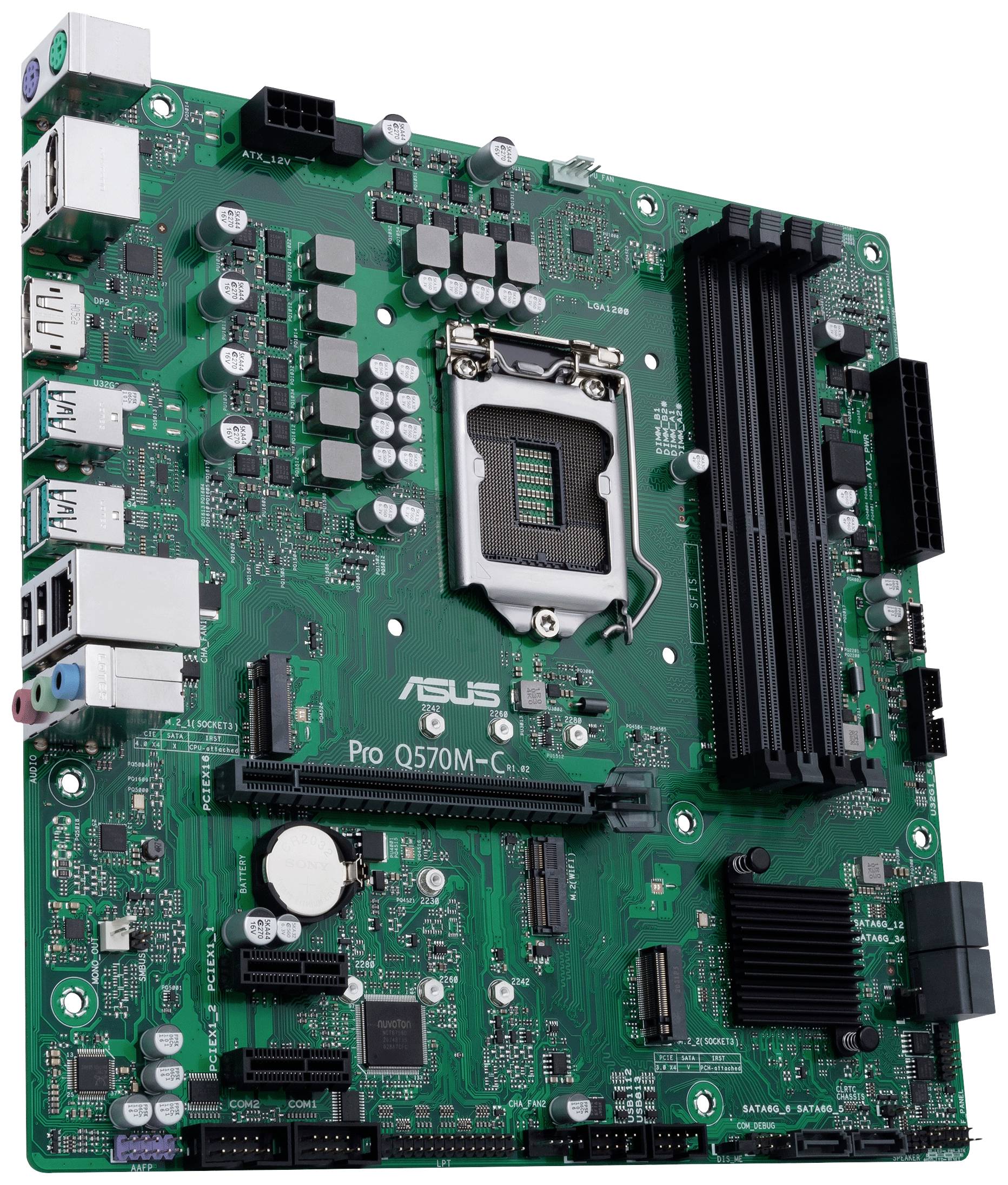 A green computer motherboard with slots for RAM, a CPU socket, and multiple ports for peripheral devices.