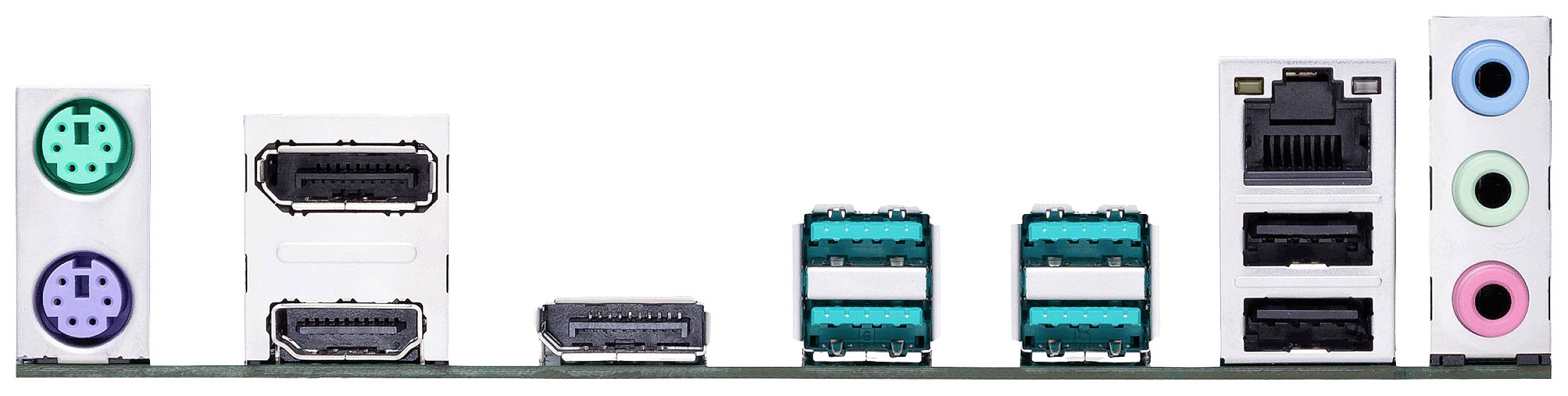 Back of a motherboard with various ports: PS/2, HDMI, DisplayPort, USB, Ethernet and Audio.