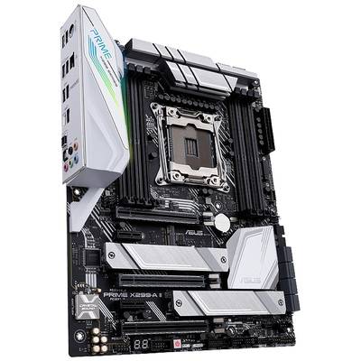 A computer motherboard with multiple expansion slots and connectors, including USB and network ports, with prominent heatsinks.