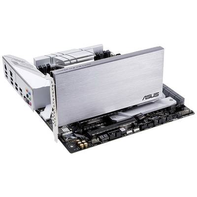 Computer motherboard with integrated ASUS Thunderbolt and network card in silver casing. Shows ports, slots, and heatsinks.