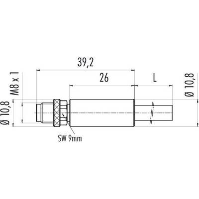 Technical drawing of a cylindrical component with dimensions: Total length 39.2 mm, 8 mm thread, diameter 10.8 mm, spanner size 9 mm.