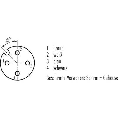 'Diagram of a circular connector with four numbered pins: 1 brown, 2 white, 3 blue, 4 black. Note: Shielded versions, shield = housing.'