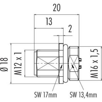 Technical drawing of a screw with dimensions: Diameter 18 mm, M12 x 1 thread, Total length 20 mm, Spanner size 17 mm.
