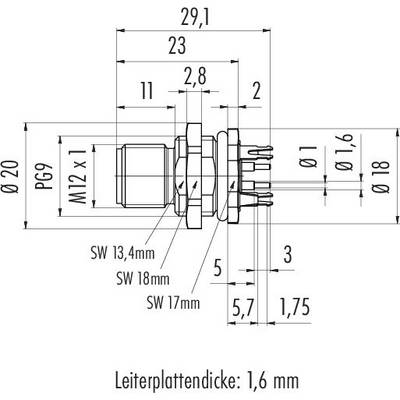 Connector Specifications: Diameter 20 mm, Thread M12 x 1, Total Length 29.1 mm. Suitable for Printed Circuit Board Thickness of 1.6 mm.