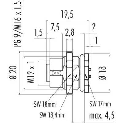 Technical drawing of a screw with dimensions: 19.5 x 20 mm. Metric thread M12 x 1, hex key width 18 mm and 17 mm. Maximum length 4.5 mm.