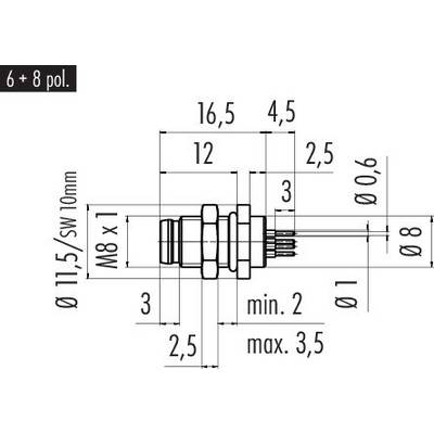 Technical drawing of an M8 connector with precise dimensions and pin positions. Dimensions given in millimetres.
