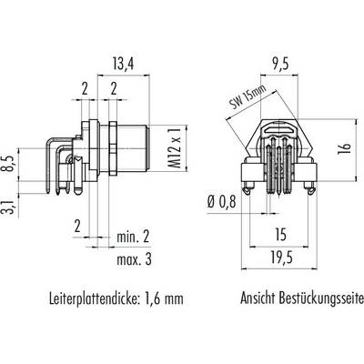 Technical drawing of an electrical plug: shows dimensions in mm, e.g. total length 31, thread diameter M12 x 1, contact pin spacing.
