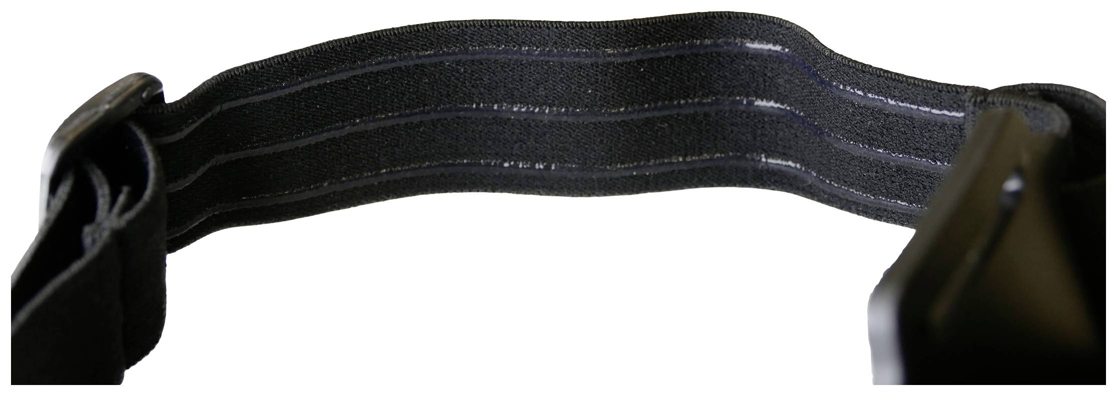 A black belt with multiple seams and a buckle on the right side.