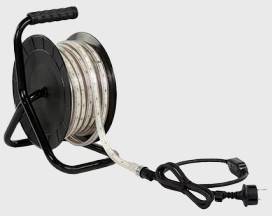 Black cable drum stand with a wound LED light strip and a connection cable with a plug, against a grey background.