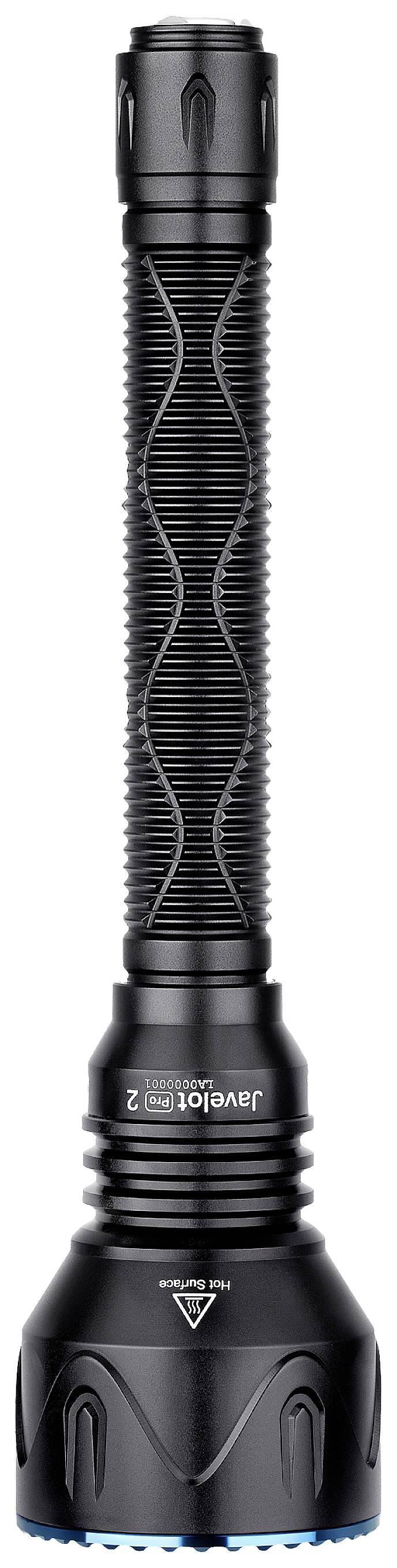 Black torch with a long, ridged handle and a light blue accent on the lamp head.