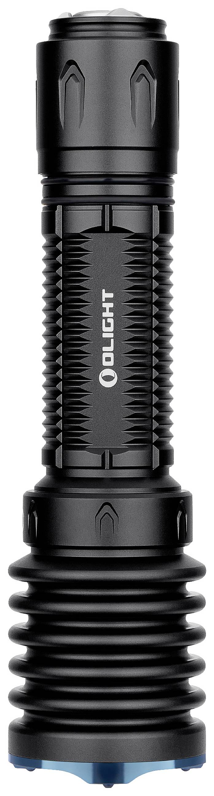 A black, robust torch with a ribbed handle, suitable for outdoor activities.
