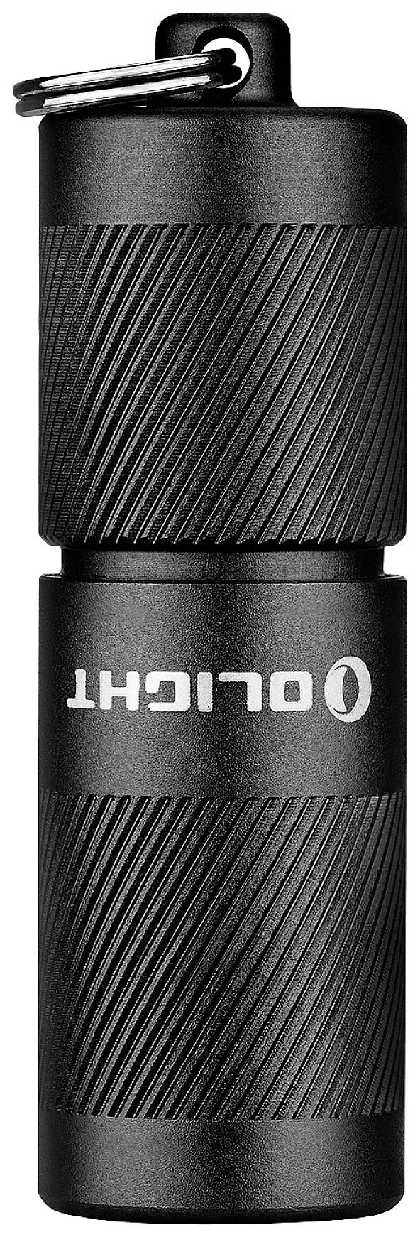 Black, compact torch with a ribbed casing and hanging loop at the top. 'Olight' text on the side.