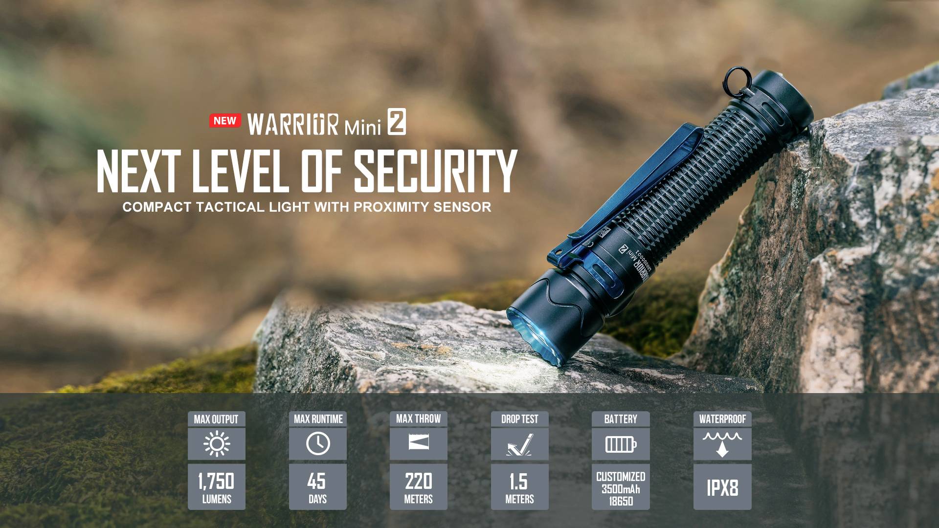 Tactical torch on rocks. Text: 'Next Level of Security'. Features: 1750 lumens, 45-day runtime, 220-metre range.
