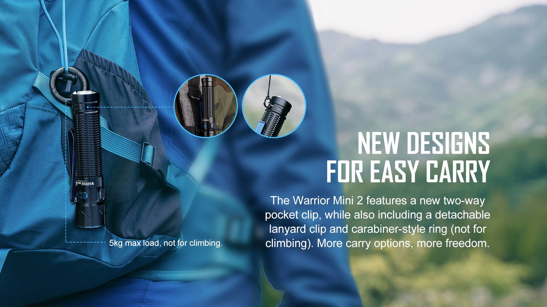 A person with a blue rucksack is carrying a torch on a strap. The text describes new design features for easy carrying.