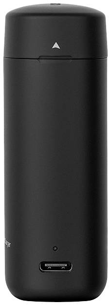 Black cylindrical thermal flask with USB port on the bottom side and a small arrow on the lid.