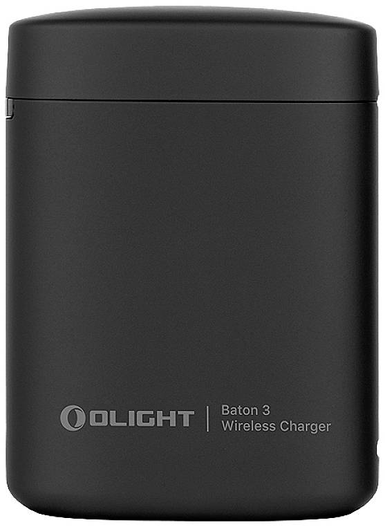 Black charger with the inscription 'OLIGHT Baton 3 Wireless Charger'. Compact, cylindrical design.