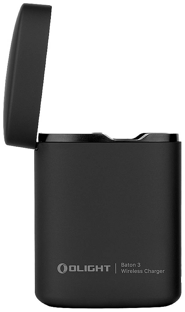 A black, rectangular, wireless charger by Olight, model 'Baton 3', with its lid open, on a white background.