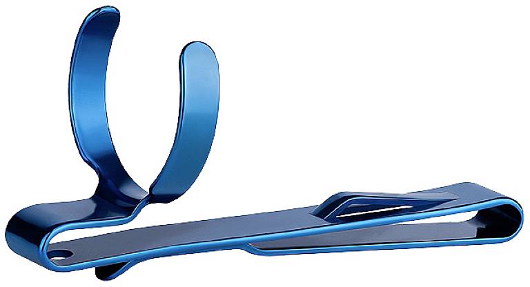 A blue, metallic bottle holder in a curved shape. Suitable for attachment to a bicycle frame.