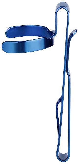 Blue metal bicycle water bottle holder, side view.