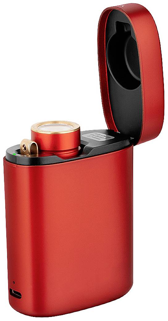 Red, metallic lighter with open lid, showing the ignition coil and charging port on the underside.
