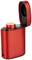 Red, metallic lighter with open lid, showing the ignition coil and charging port on the underside.