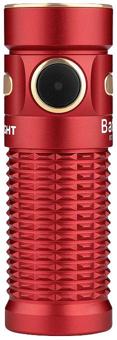 Red torch with a ribbed handle and a round black switch panel at the front, positioned vertically.