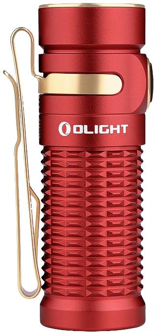 A red, compact torch with a gold-coloured clip, suitable for outdoor activities and emergencies.