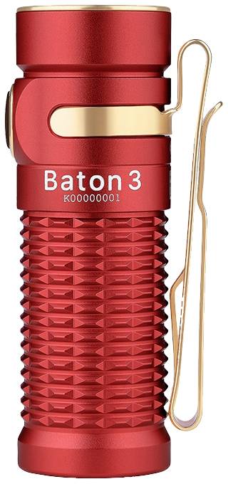 A red torch with a golden clip loop and the inscription 'Baton 3'. It has a textured surface for improved grip.