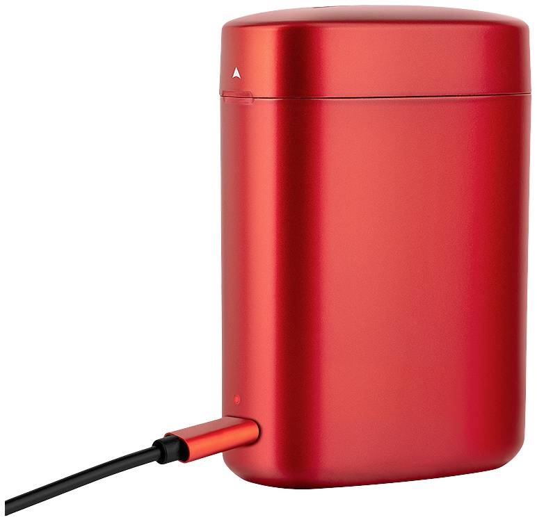 A red, cylindrical device with a closed lid and a charging cable connected to the side.
