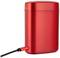 A red, cylindrical device with a closed lid and a charging cable connected to the side.