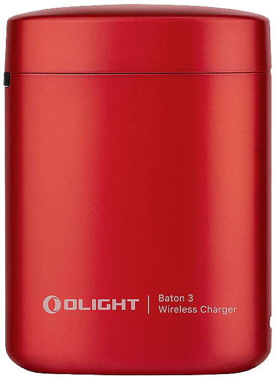 Red wireless charging dock for the OLIGHT Baton 3 torch, cylindrical design with simple brand lettering.