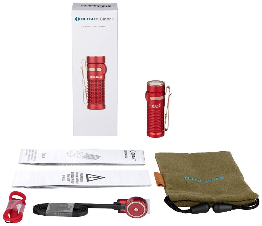 Red torch 'Olight Baton 3' next to packaging, charging cable, instruction manual, and transport pouch on white background.