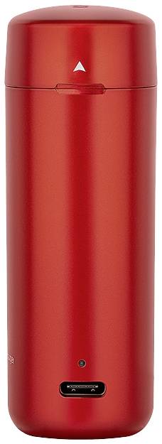 A red, cylindrical thermal mug with a screw lid and USB-C charging port at the base.