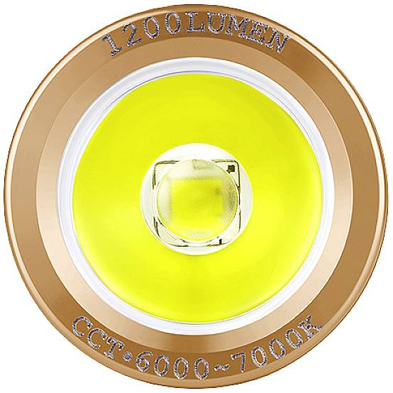 'LED light projector with 1200 lumens and colour temperature of 6000-7000K, close-up of the light source in gold casing.'