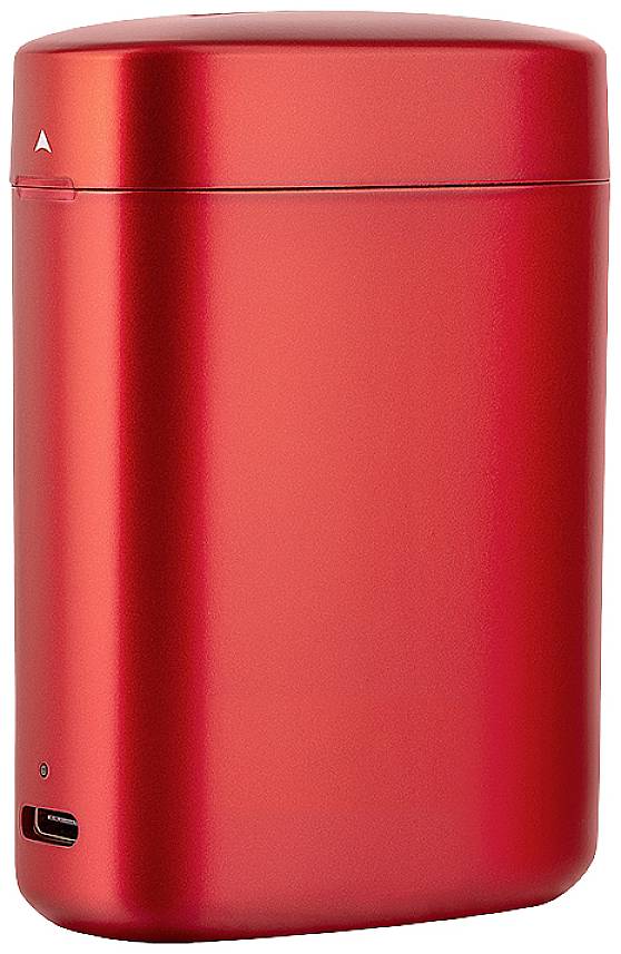 Red, cylindrical wireless headphone charging case with a USB-C port on the underside.