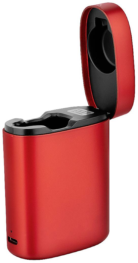 Red electronic cigarette holder with open lid. Clean, modern style.