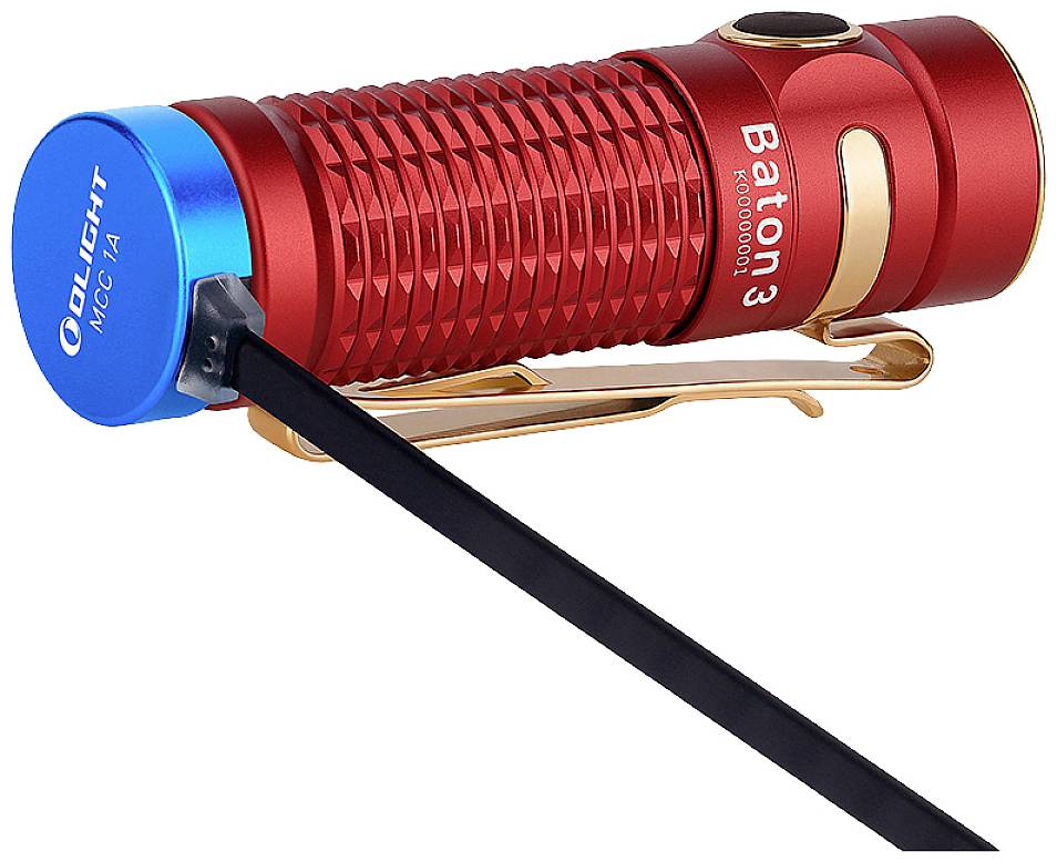 Red torch by Olight with a blue charging port, gold-coloured clip and textured surface.