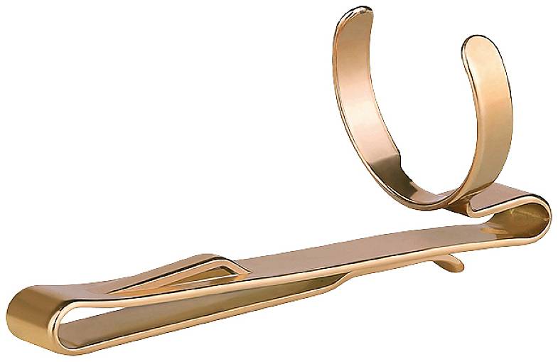 Copper-coloured tie clip with a clear, curved design for securing a tie to a shirt.