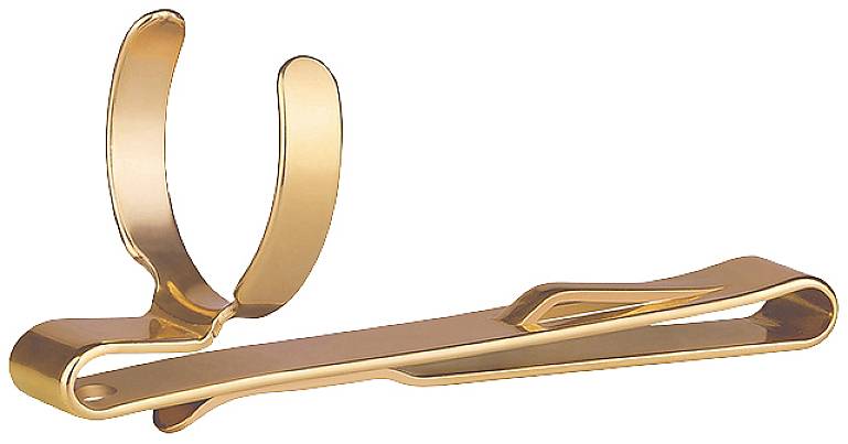 A golden, gleaming tie clip with an elegant, curved design intended to securely fasten ties to clothing.