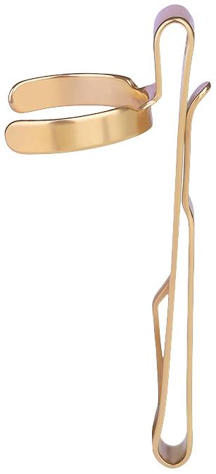 A copper-coloured pipe clip used for securing pipes or cables to walls. Simple design without additional embellishments.