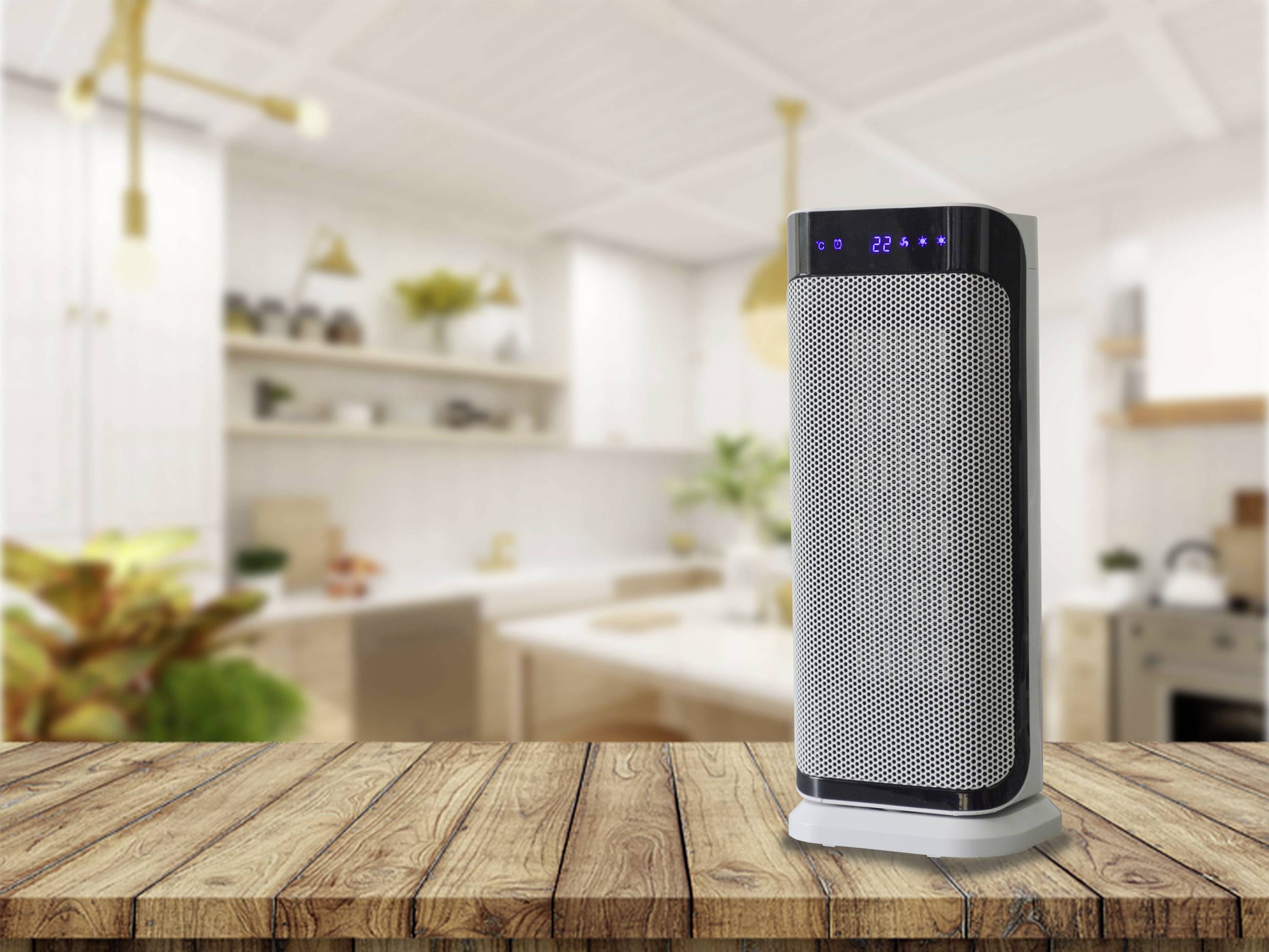 A grey air purifier sits on a wooden table in a bright kitchen. The blue LED indicators display the current settings.