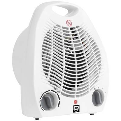 A white electric fan heater with two rotary dials and a handle on top. The ventilation grille at the front reveals the internal components of the appliance.