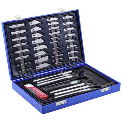 A blue toolbox with various blades and handles arranged in neat rows. Also contains a small red tool.