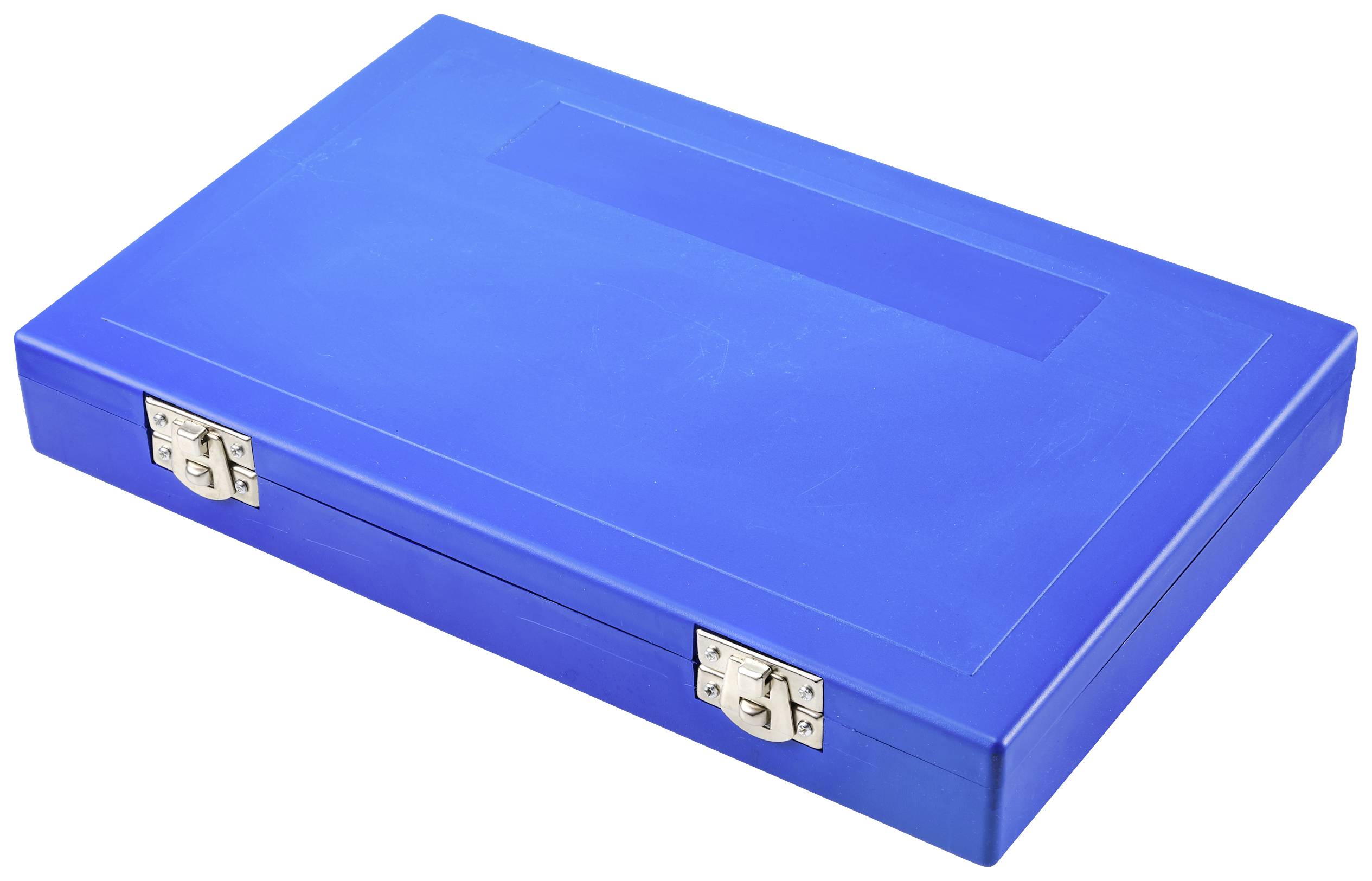 Blue metal case with two silver locks, lying on a white surface.