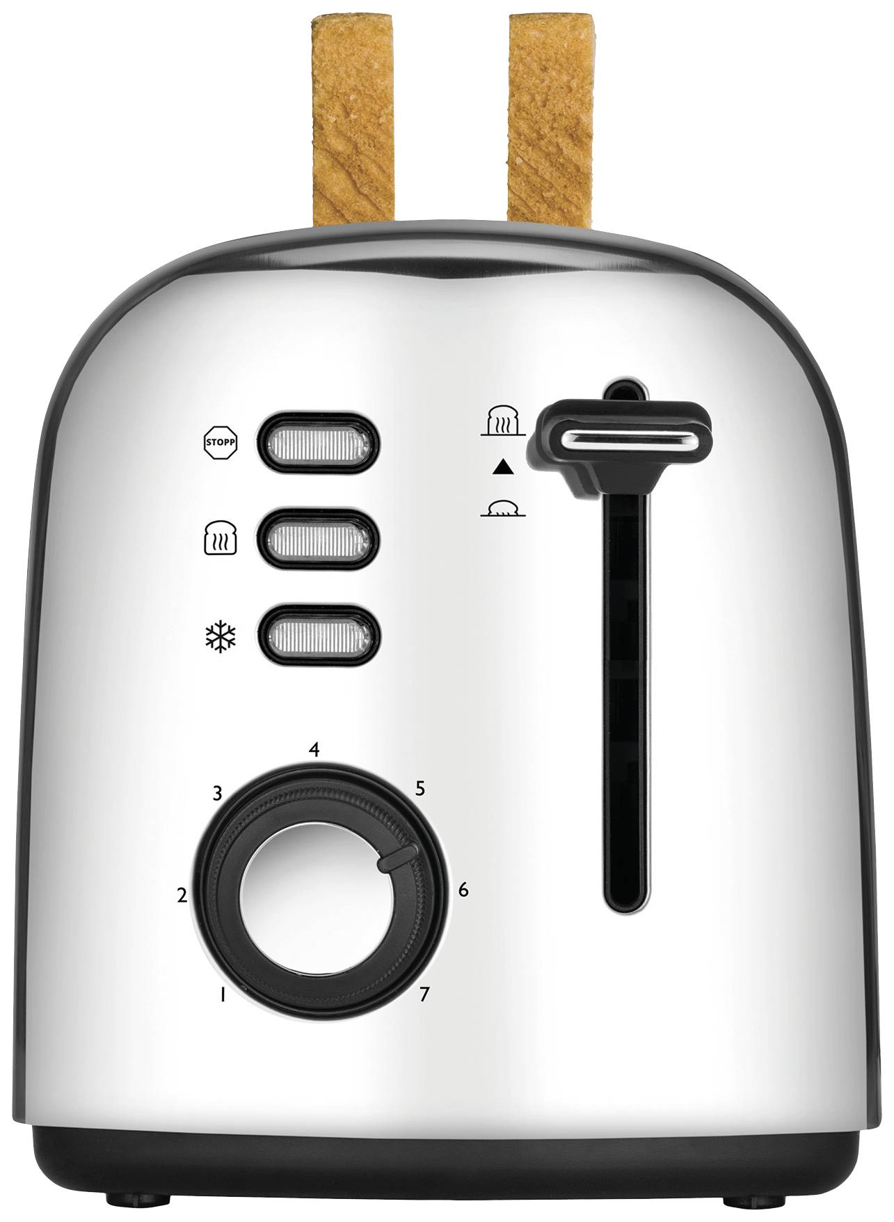 Silver toaster with two bread slots, three function buttons, a dial for adjusting browning level, and a lever.